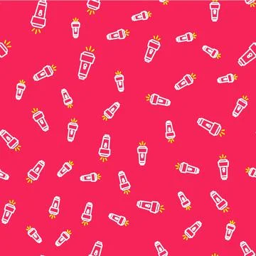 Line Flashlight icon isolated seamless pattern on red background. Vector 스톡 일러스트