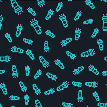 Line Flashlight icon isolated seamless pattern on black background. Vector 스톡 일러스트