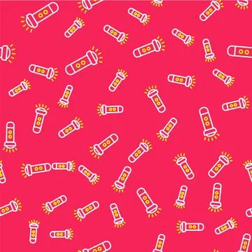 Line Flashlight icon isolated seamless pattern on red background.  Vector Stock Illustration