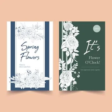 Line flower frame disign spring floral drawing with imitation of watercolor s Stock Illustration