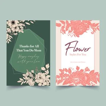 Line flower frame disign spring floral drawing with imitation of watercolor s Stock Illustration