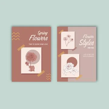 Line flower frame disign spring floral drawing with imitation of watercolor s Stock Illustration