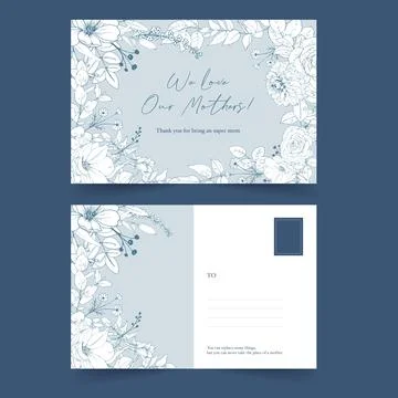 Line flower postcard design with one line floral drawing for congratulation,l Stock Illustration
