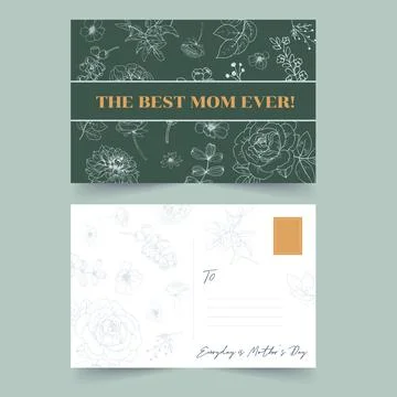 Line flower postcard design with one line floral drawing for congratulation,l Stock Illustration