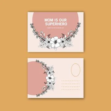 Line flower postcard design with one line floral drawing for congratulation,l Stock Illustration