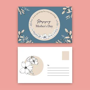 Line flower postcard design with one line floral drawing for congratulation,l Stock Illustration