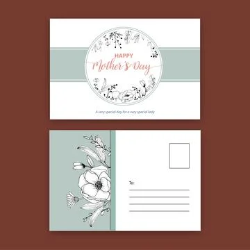 Line flower postcard design with one line floral drawing for congratulation,l Stock Illustration