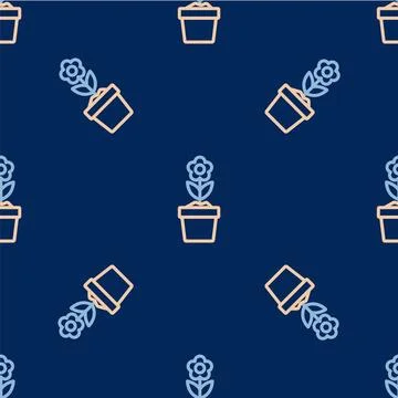 Line Flower in pot icon isolated seamless pattern on blue background. Plant.. Stock Illustration