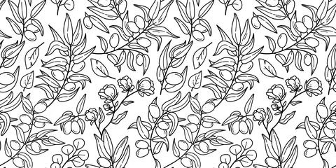 Line flowers pattern. Outline plants and herbs, floral sketch. Hand drawn forest Stock Illustration