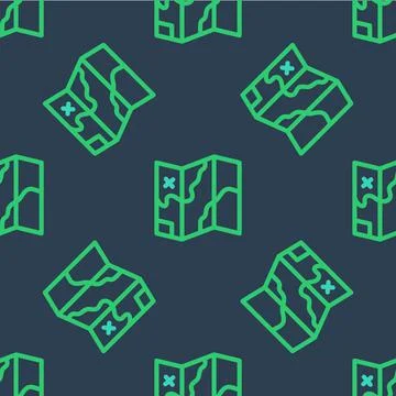 Line Folded map icon isolated seamless pattern on blue background. Vector Illustrazione stock