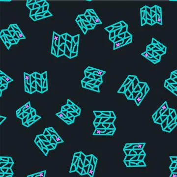 Line Folded map icon isolated seamless pattern on black background. Vector 스톡 일러스트