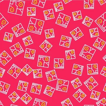 Line Folded map with location marker icon isolated seamless pattern on red .. Stock Illustration