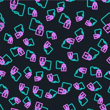 Line Folder and lock icon isolated seamless pattern on black background. Clos Stock Illustration