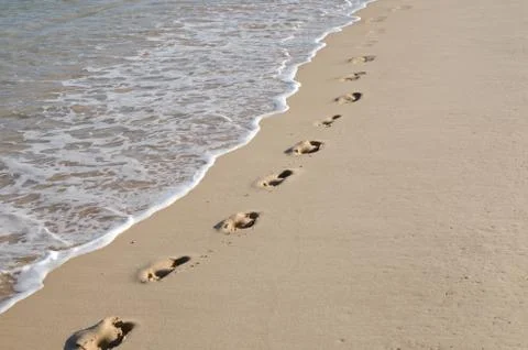 Line of footprints on the beach in the sand by the sea. Stock Photos
