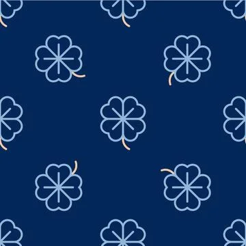 Line Four leaf clover icon isolated seamless pattern on blue background. Happy Stock Illustration