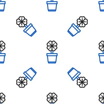 Line Four leaf clover in pot icon isolated seamless pattern on white background Stock Illustration