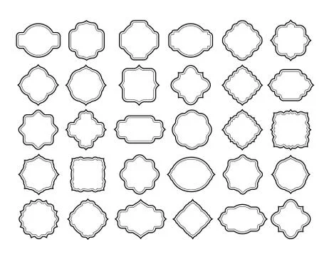Line frame label set. Vintage blank ornate badge shapes. Retro white classic tag Stock-Illustration