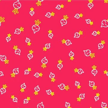 Line Fresh beet with leaf icon isolated seamless pattern on red background... Illustrazione stock