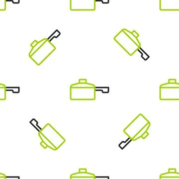 Line Frying pan icon isolated seamless pattern on white background. Fry or roast Stock Illustration