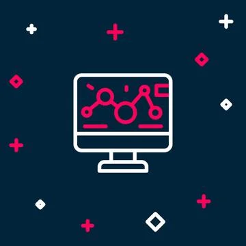 Line Genetic engineering modification on laptop icon isolated on blue backg.. Illustrazione stock