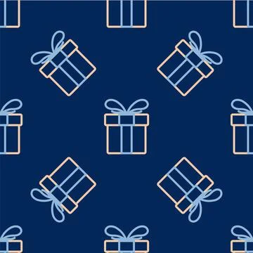 Line Gift box icon isolated seamless pattern on blue background. Merry Christmas 스톡 일러스트