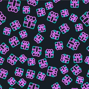 Line Gift box icon isolated seamless pattern on black background. Happy Birthday Illustrazione stock