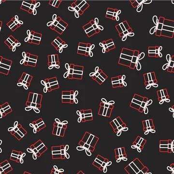 Line Gift box icon isolated seamless pattern on black background. Merry Stock Illustration