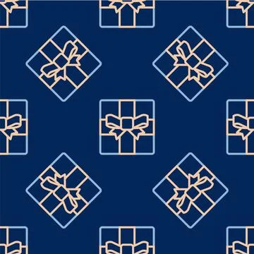 Line Gift box icon isolated seamless pattern on blue background. Merry Christmas Stock Illustration
