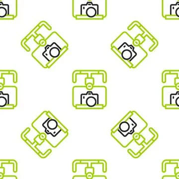 Line Gimbal stabilizer with DSLR camera icon isolated seamless pattern on white Stock Illustration