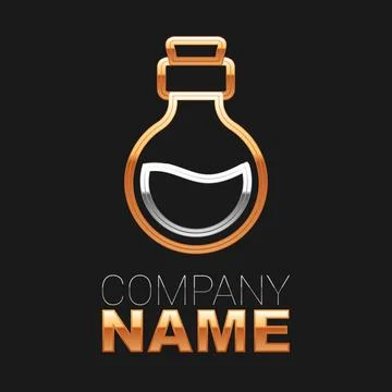 Line Glass bottle with magic elixir icon isolated on black background. Computer Illustrazione stock