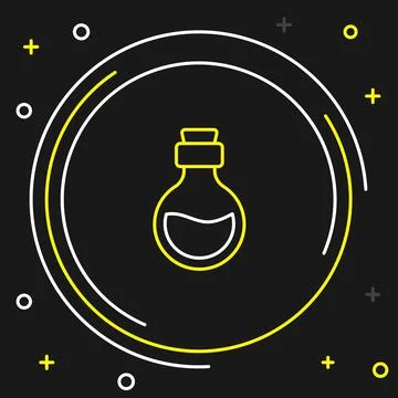 Line Glass bottle with magic elixir icon isolated on black background. Computer Illustrazione stock