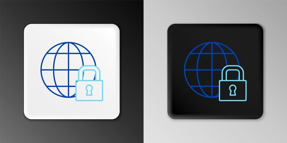 Line Global lockdown - locked globe icon isolated on grey background. Color.. Illustrazione stock