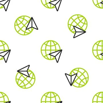 Line Globe with flying plane icon isolated seamless pattern on white background Illustrazione stock
