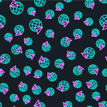 Line Globe with flying plane icon isolated seamless pattern on black background Illustrazione stock