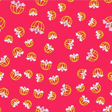 Line Globe with flying plane icon isolated seamless pattern on red backgrou.. Illustrazione stock