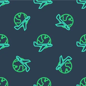 Line Globe with flying plane icon isolated seamless pattern on blue backgro.. Illustrazione stock