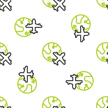 Line Globe with flying plane icon isolated seamless pattern on white backgr.. Stock Illustration