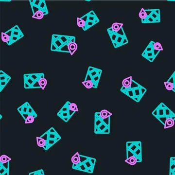 Line Gps device with map icon isolated seamless pattern on black background Stock Illustration
