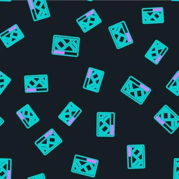 Line Gps device with map icon isolated seamless pattern on black background Stock Illustration