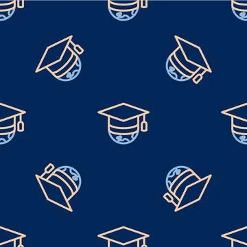 Line Graduation cap on globe icon isolated seamless pattern on blue background Stock Illustration