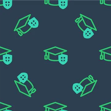 Line Graduation cap with shield icon isolated seamless pattern on blue backgr Stock Illustration