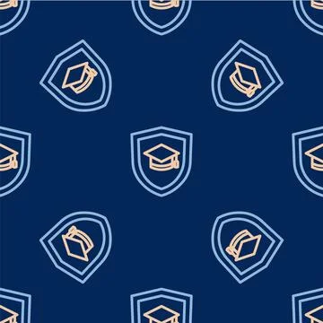 Line Graduation cap with shield icon isolated seamless pattern on blue Stock Illustration