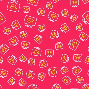 Line Graduation cap in speech bubble icon isolated seamless pattern on red Stock Illustration
