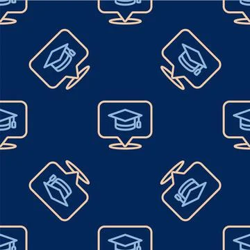 Line Graduation cap in speech bubble icon isolated seamless pattern on blue Stock Illustration