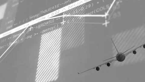 Line graph appearing initiating gray 3D jet airplane flying across panels Stock Footage 311678063