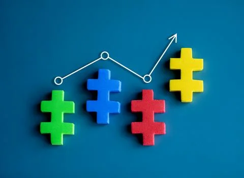 Line graph with arrow on multicolor jigsaw puzzle blocks as a business char.. Stock Photos