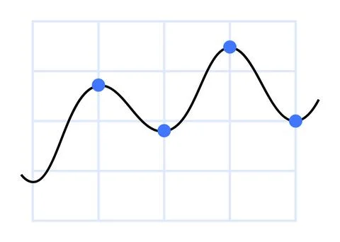 Line Graph with Blue Data Points and Black Curve on Grid Background Illustrazione stock