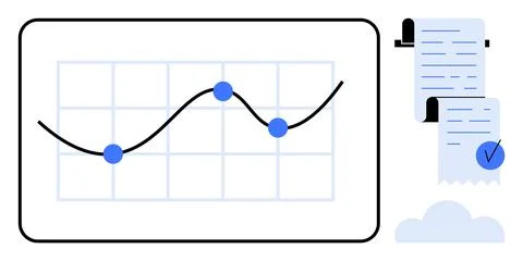 A line graph with blue data points on a grid beside a document with a blue ch Stock Illustration