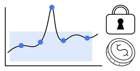 Line graph with blue data points showing financial growth trend, security loc Stock Illustration