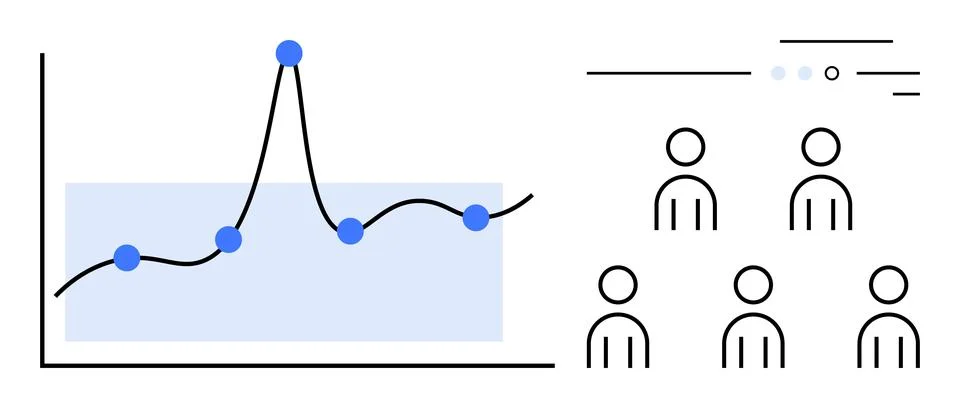 Line graph with data points and upward trend next to team icons, representing 스톡 일러스트
